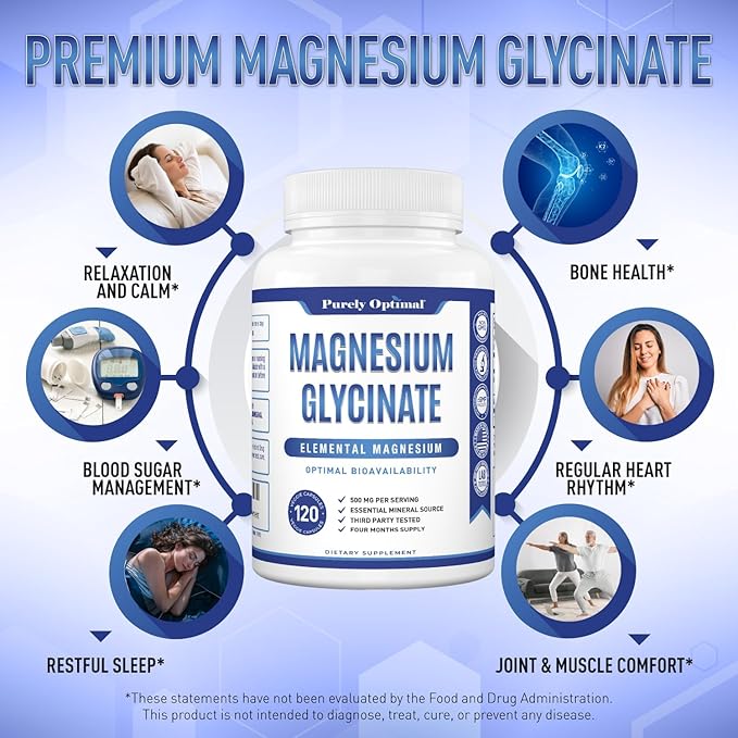 Purely Optimal Magnesium Glycinate 500mg - Premium Non-Buffered Supplement for Sleep, Calm & Muscle Function Support, 120 Easy-to-Swallow Capsules - High Absorption & Gentle on Stomach
