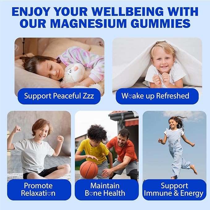 Magnesium Gummies for Kids 4+ - Sugar Free Magnesium Citrate Supplement with L-Theanine, Calcium and Vitamin A, C, D3 & K2 - Supports Zzz, Bone & Muscle