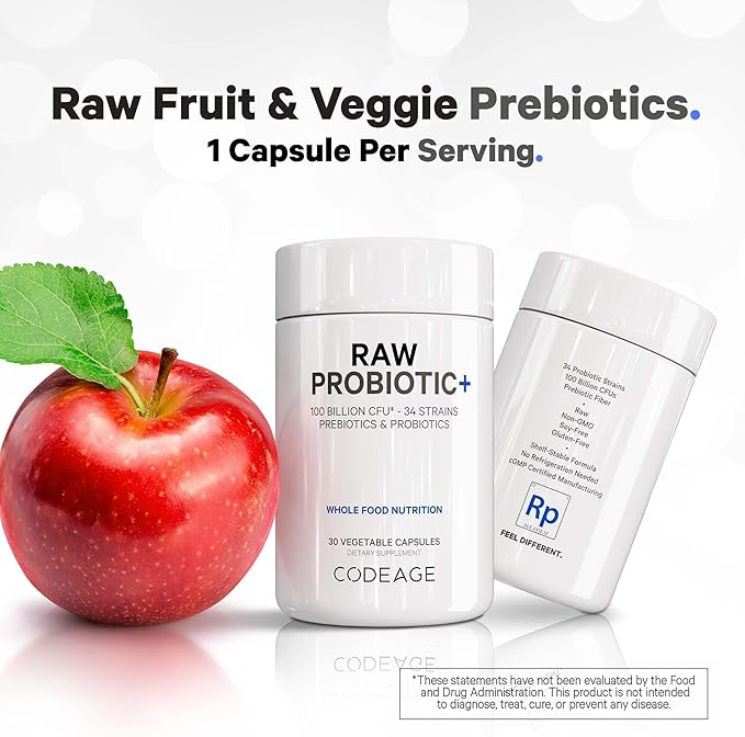 Codeage Raw Probiotic+ Supplement - 34 Probiotic Strains, 100 Billion CFUs, Raw Whole Food Probiotics, Digestive Enzymes, Raw Fruits & Veggies Prebiotics - Wild Kefir Culture - Non-GMO - 30 Capsules