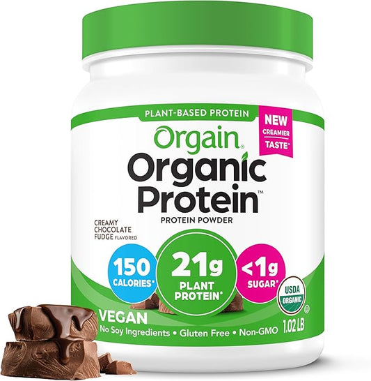 Orgain Organic Vegan Protein Powder, Creamy Chocolate Fudge - 21g Plant Protein, 7g Prebiotic Fiber, Low Net Carb, No Lactose Ingredients, No Added Sugar, Non-GMO, For Shakes & Smoothies, 1.02 lb