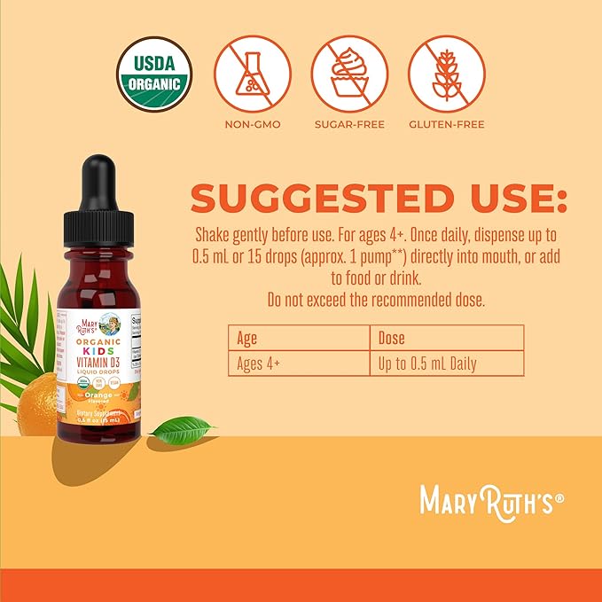 MaryRuth Organics USDA Organic Vitamin D3 Liquid Drops for Kids | 640 IU Vitamin D3 Per Serving | Kids Immune Support & Bone Health Supplement | Formulated for Ages 4-13 | 0.5oz | 30 Servings