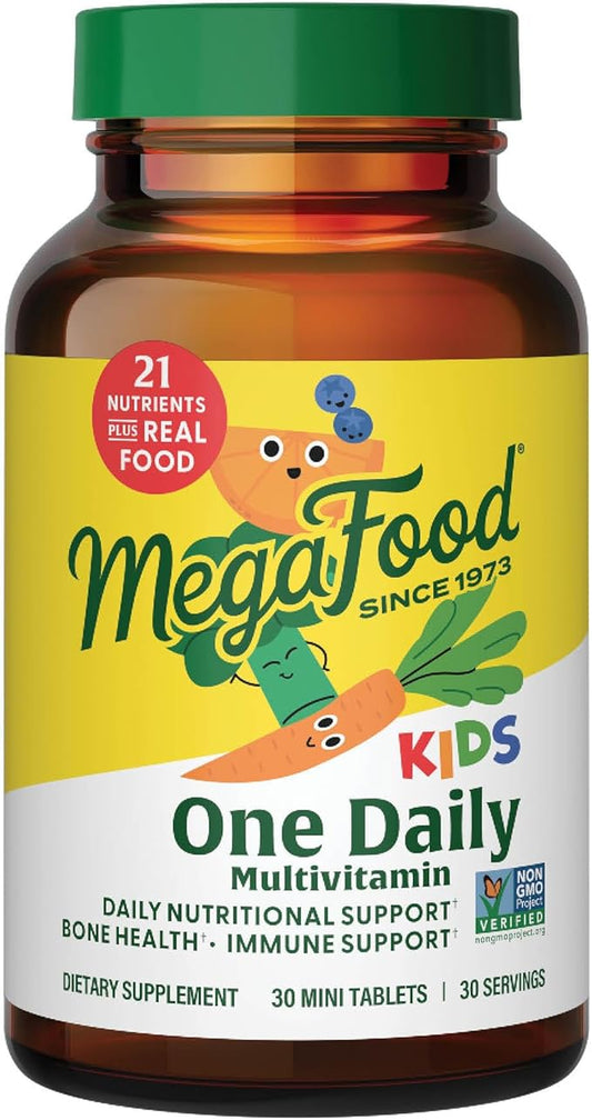 MegaFood Kids One Daily Multivitamin - Convenient Mini Multivitamin For Kids - Kids Vitamins With Zinc, Vitamin C, B Vitamins & Vitamin D - Vegetarian, Gluten Free, Non GMO - 30 Tablets, 30 Servings