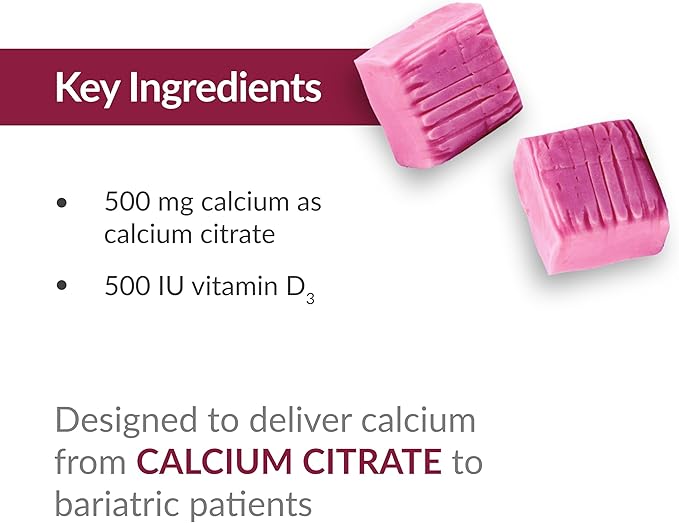 Bariatric Advantage Calcium Citrate Chewy Bites 500 mg - for Bariatric Surgery Patients - Vitamin D3 - Sugar-Free Chewable Calcium Supplement - Bariatric Calcium Chews - Raspberry Flavor - 90 Count