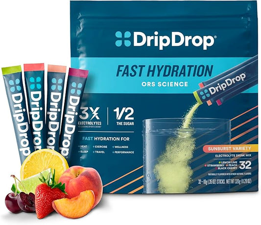 DripDrop Hydration - Sunburst Variety Pack - Electrolyte Drink Mix Single Serve Hydration Powder Packets - Lemon Lime, Strawberry, Peach, Black Cherry | Non-GMO, Gluten Free, Vegan | 32 Sticks