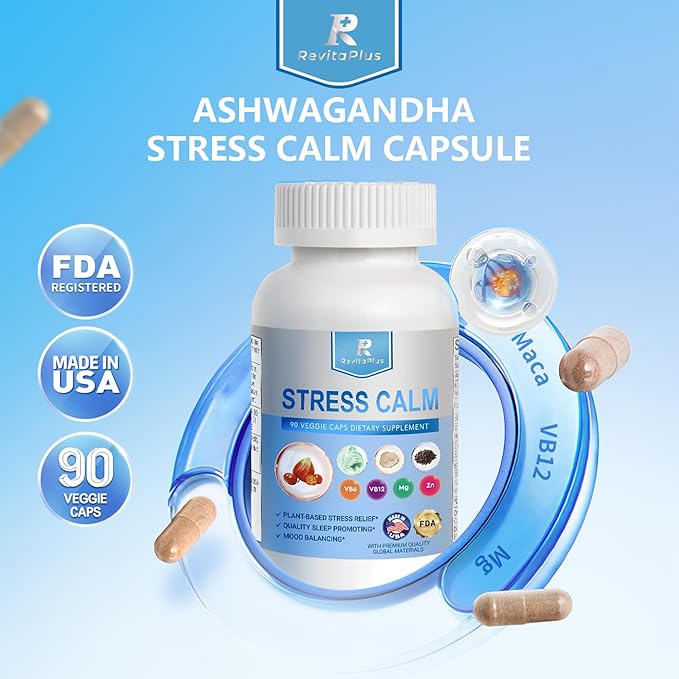 8-in-1 Ashwagandha Supplements with B12 B6 Magnesium Maca Zinc Folate, Cortisol Supplements for Women and Men Supports Stress Relief, Sleep, Energy, Focus(90 Capsules)