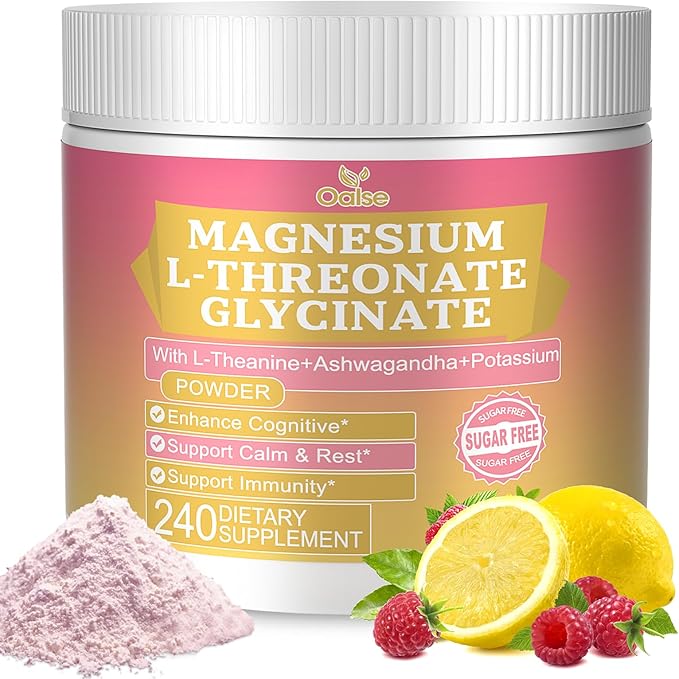 Magnesium Powdered Drink Mix with Magnesium Glycinate, Potassium, L-Theanine, Ashwagandha, and Vitamin D for Men and Women, Raspberry Lemonade, (240g)