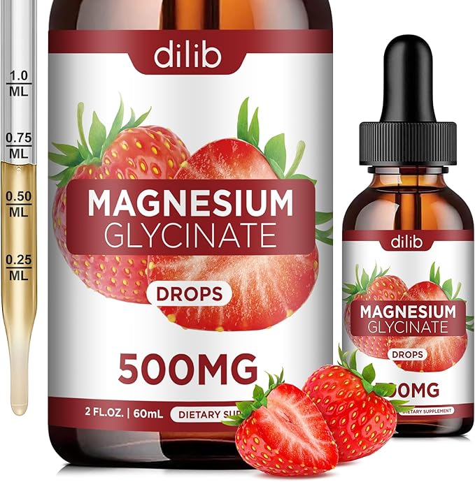 Magnesium Glycinate Supplement, Liquid Magnesium Glycinate Liquid Drops 500mg-Support Stress Relief, Relaxation, Mood, Sleep, Bone & Muscle-2 Fl Oz, Vegan, Strawberry Flavor