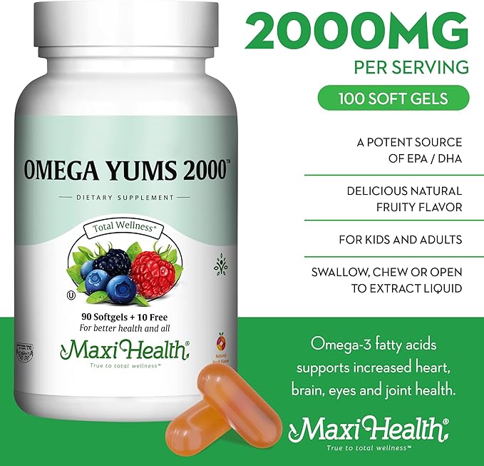Maxi Health Fish Oil 2000mg - Omega 3 Supplement for Adults and Kids - Fruity Burst - Omega-3 Fish Oil Source of EPA/DHA Fatty Acids - Heart, Brain, Joint Health - Kosher Certified - 100 Softgels