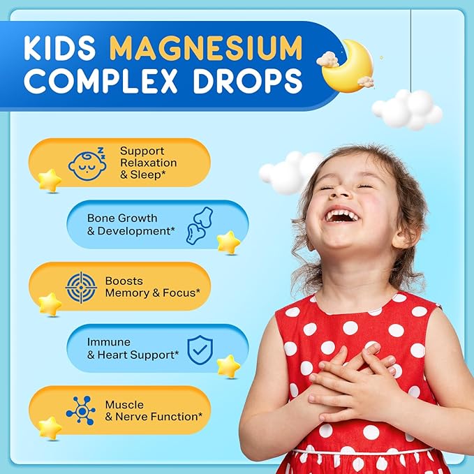 Kids Magnesium Liquid Drops - Magnesium Glycinate Liquid for Kids, L-Threonate Supplement with L-Theanine, Calcium, Zinc, Vitamin D3 K2 for Sleep Calm Relaxation Brain Bones, Pineapple Flavor 2 Fl Oz