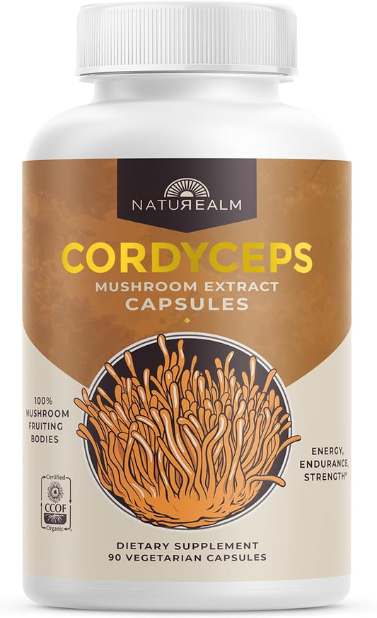 Naturealm Cordyceps Mushroom Capsules - Organic Mushroom Extract for Focus, Energy & Mental Clarity - 100% Mushroom Fruiting Bodies - Cordyceps Militaris Supplement (90 Vegetarian Capsules)