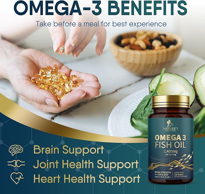 Triple Strength Omega 3 Fish Oil - 2400 mg Natural Omega-3 Supplements Support Brain, Heart & Joint Health with EPA & DHA Essential Fatty Acids - Lemon Flavor, Burpless, Wild Caught - 120 Softgels