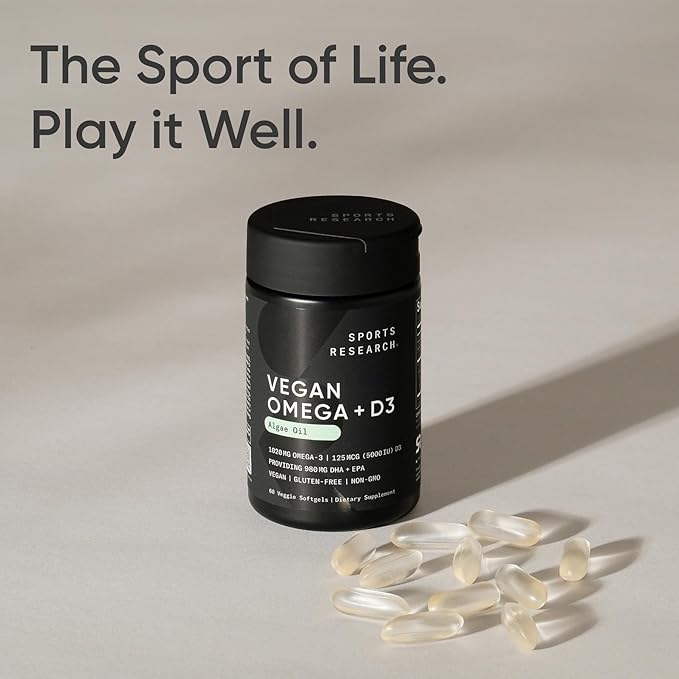 Sports Research® Vegan Omega-3 + Vitamin D3 5000iu (125mcg) - Vegan Certified · Carrageenan Free · Gluten Free - 60 Plantgel® Capsules