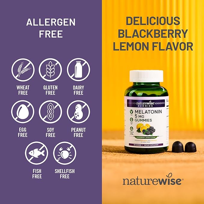 NatureWise Melatonin Gummies 5mg - Non-Habit Forming Sleep Support Supplement with Ashwagandha, Valerian Root - BlackBerry-Lemon Flavor - Vegan, Gluten Free, Non-GMO - 180 Count[90-Day Supply]