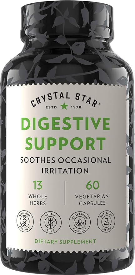 Crystal Star Digestive Support Supplement (60 Capsules) - Herbal Gut Health Supplement That Helps with Occasional Gas & Bloating - Peppermint, Aloe Vera, Slippery Elm & Ginger – Non-GMO