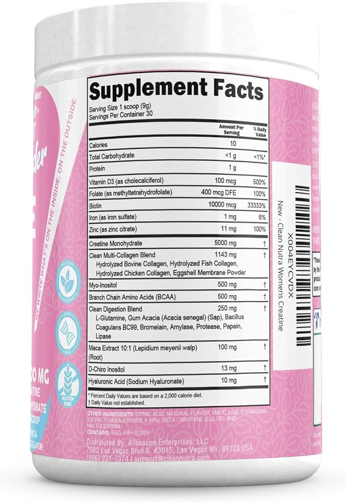 Creatine for Women | Creatine Monohydrate + BCAA Powder Myo-Inositol Collagen Biotin Hyaluronic Acid Folate L Glutamine Vitamin D3 Iron Zinc D-Chiro-Maca Digestion Shelf Builder by Clean Nutra