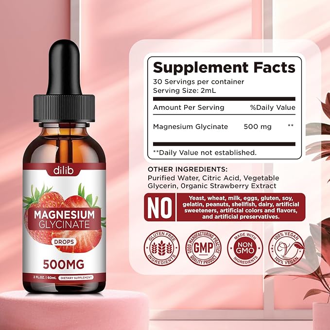 Magnesium Glycinate Supplement, Liquid Magnesium Glycinate Liquid Drops 500mg-Support Stress Relief, Relaxation, Mood, Sleep, Bone & Muscle-2 Fl Oz, Vegan, Strawberry Flavor