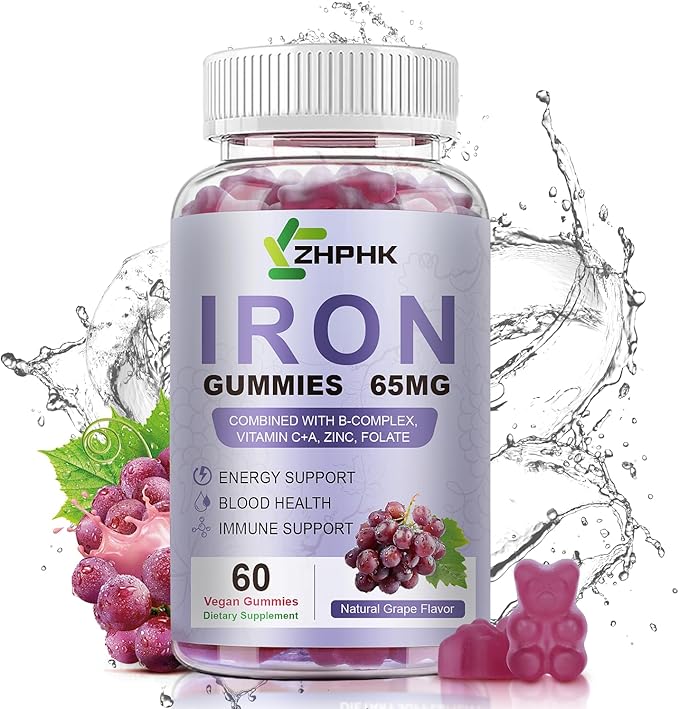 Iron Supplement for Women and Men, Grape Flavored Gummies 65mg and 250mg Vitamin C & Folate for Iron Deficiency and Anemia, Energy Support & Immune Health, 60 Count