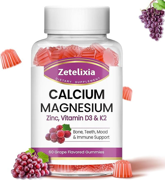 Calcium Gummies, Calcium Magnesium Zinc with Vitamin D3 & K2, Calcium Magnesium Supplement for B0nes Muscles, Grape Flavor - 60 Count