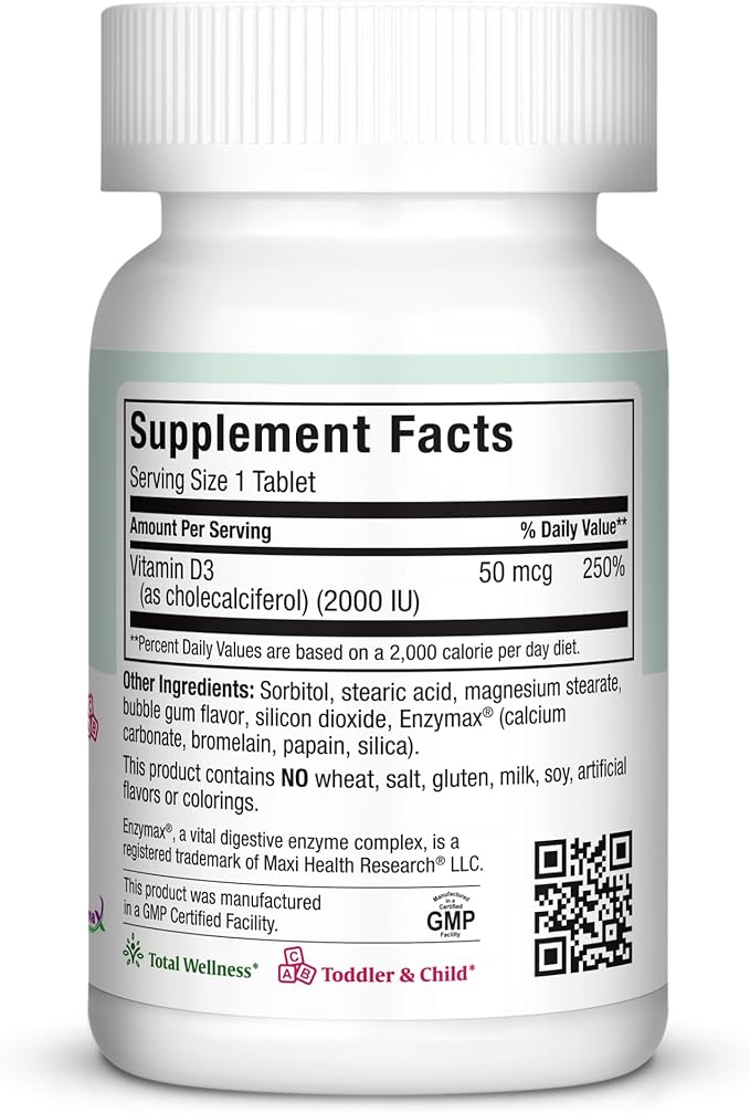 Maxi Health Chewable Vitamin D3 2000 IU Supplement - Delicious Natural Bubble Gum Flavor - Supports Calcium Absorption, Immune and Bone Health in Adult Women, Men, Children & Toddlers - 200 Chews