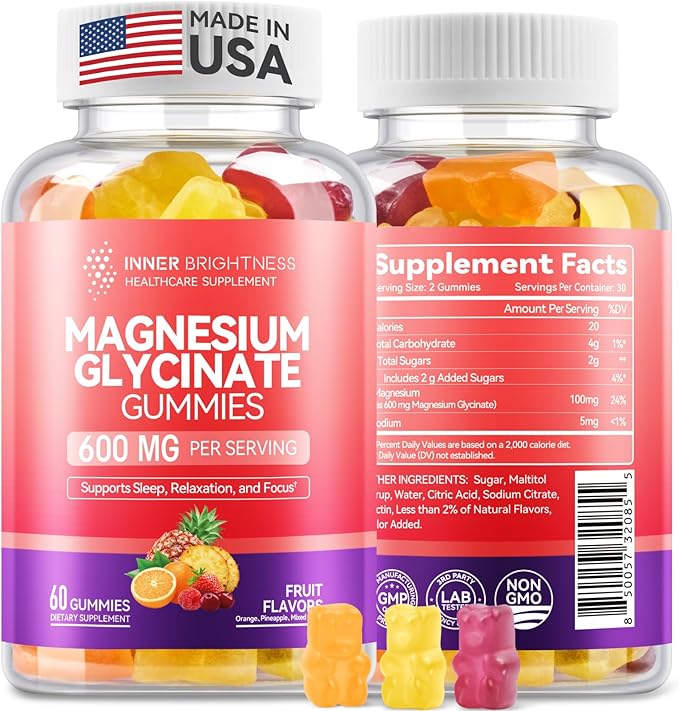 Magnesium Glycinate Gummies 600mg, Non-GMO, Gluten-Free, Magnesium Gummies for Adults & Kids, Sleep, Relaxation & Focus, 3 in 1 Flavor, 60 Count