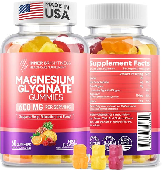 Magnesium Glycinate Gummies 600mg, Non-GMO, Gluten-Free, Magnesium Gummies for Adults & Kids, Sleep, Relaxation & Focus, 3 in 1 Flavor, 60 Count