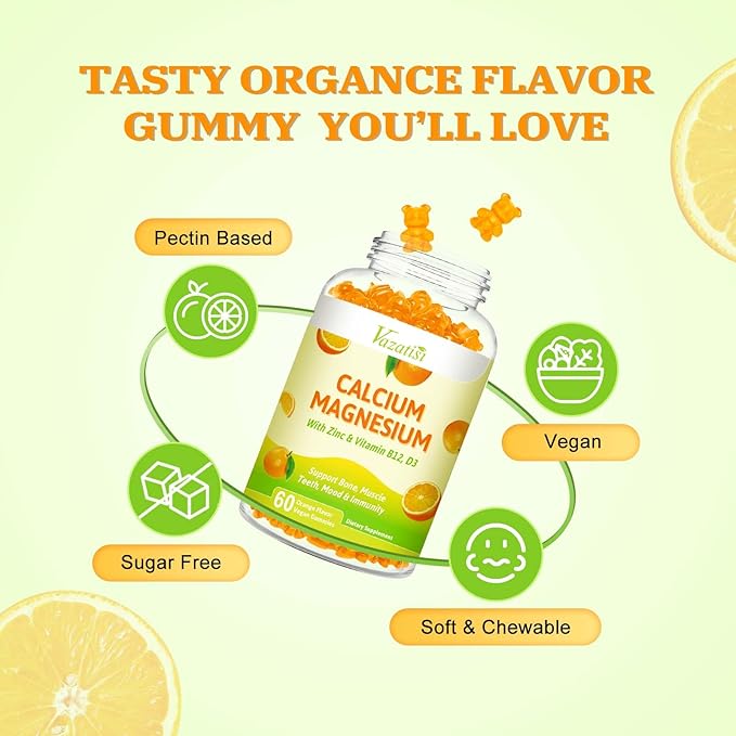 Calcium Magnesium Zinc Gummies, Calcium Magnesium 2:1 Ratio with Vitamin D3 & B12 for Support Muscle, Mood and Immunity, 60 Vegan Orange Flavor Gummies