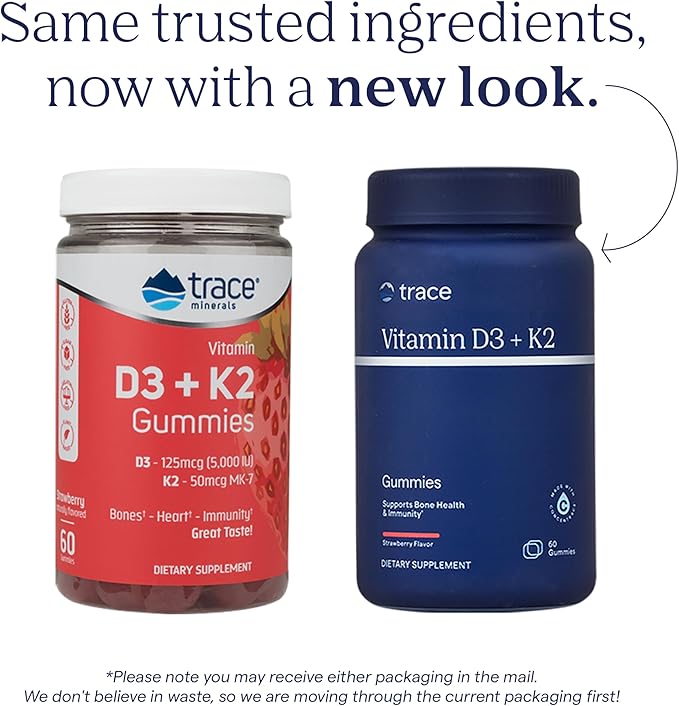 Trace Minerals | Vitamin D3 + K2 Gummies | 5,000 IU D3 + 50 mcg K2 | Vegan, Sugar Free, Gluten Free, Natural Strawberry Flavor | 60 Servings