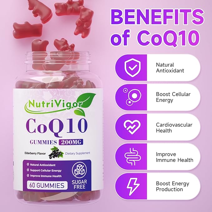 CoQ10 Gummies, Coenzyme Q10 Supplement 200mg, High Absorption CoQ10 Supplement for Cellular Energy and Immune Health, Vegan, Gluten Free, Elderberry Flavor, 60 Count