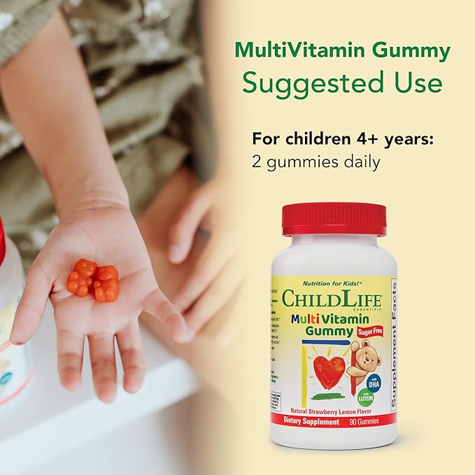CHILDLIFE ESSENTIALS Multivitamin Gummies for Kids - Children's Vitamins, Kids Multivitamins with DHA, Sugar Free - Natural Strawberry, 90 Count
