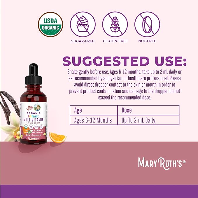 MaryRuth Organics Multivitamin with Iron for Infants | USDA Organic | Liquid Drops for Babies 6-12 Months | Immune Support & Overall Wellness | Vegan | Non-GMO | Gluten Free | 2 Fl Oz