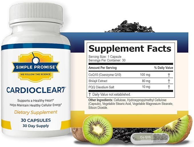 Simple Promise Cardio Clear 7 - Heart Health Supplements with PQQ and Coenzyme Q10 - CoQ10 Supplement to Maintain Cellular Energy and Circulation, with Shilajit for Better Absorption - 30 Capsules