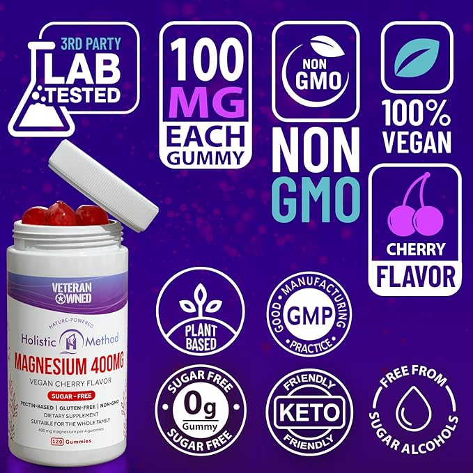 Magnesium Citrate Gummies - Sugar-Free, Vegan and Non-GMO for Better Sleep and Relaxation - No Sugar Alcohol - Magnesium Supplement for Adults, Teens and Kids - Cherry - 120 Chews