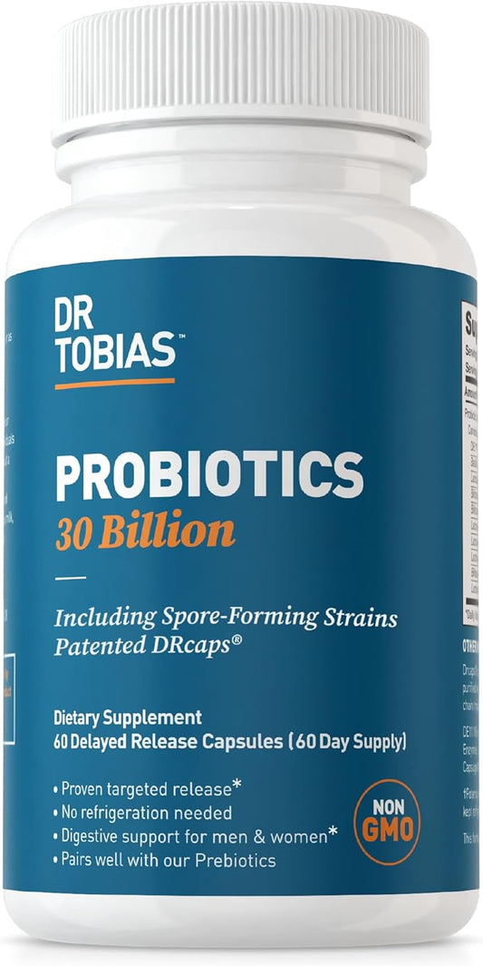 Dr. Tobias Probiotics 30 Billion, 10 Strains, 30 Billion CFU's, Targeted Release Probiotics for Women & Men, Supports Digestive Health, Shelf-Stable, Non-GMO, 60 Capsules, 60 Servings