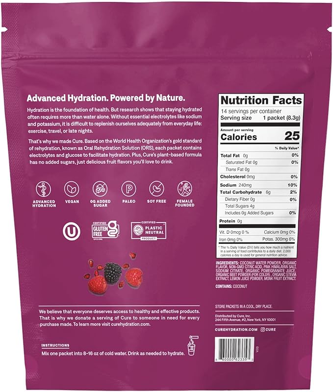 Cure Hydrating Plant Based Electrolyte Mix | Powder for Dehydration Relief | Made with Coconut Water | Non-GMO | No Added Sugar | FSA & HSA | Vegan | Pouch of 14 Packets - Berry Pomegranate