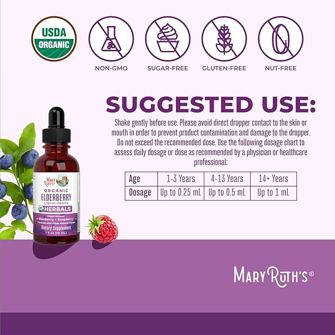 MaryRuth Organics Elderberry Syrup | USDA Organic | Sugar Free Immune Support Supplement for Adults & Kids, Ages 1 | Vegan, Non-GMO, Immune Boosters, Clean Label Project Verified | 1 Fl Oz