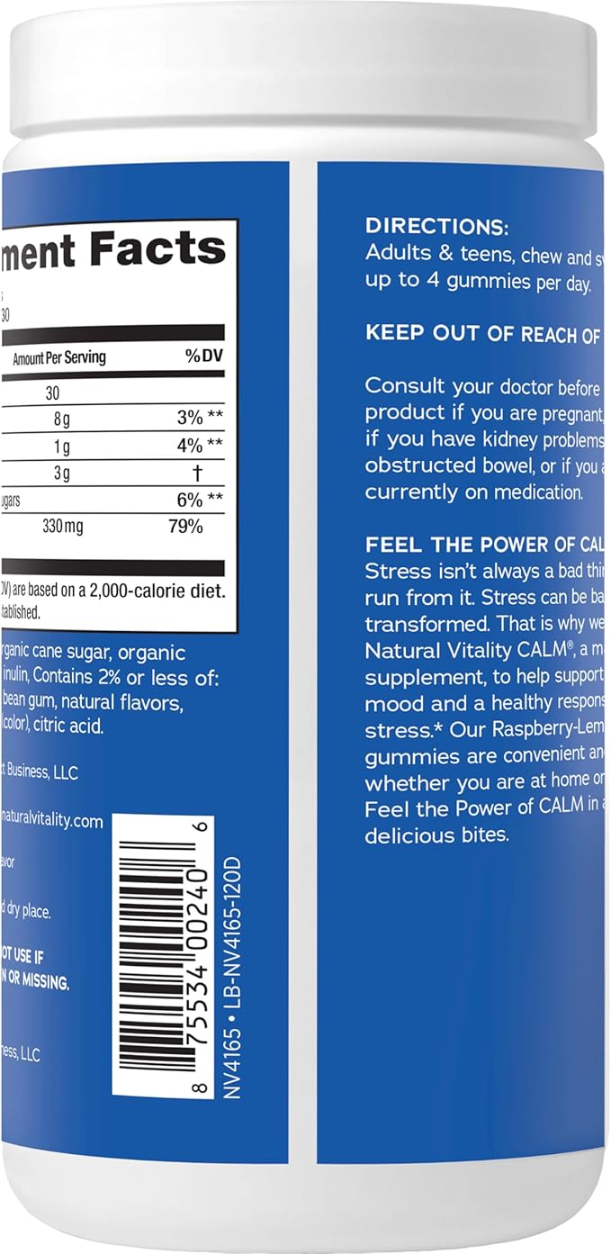 Natural Vitality CALM, Magnesium Citrate Supplement, Stress Relief Gummies, Supports a Healthy Response to Stress, Gluten Free, Vegan, Raspberry Lemon Flavored, 120 Gummies