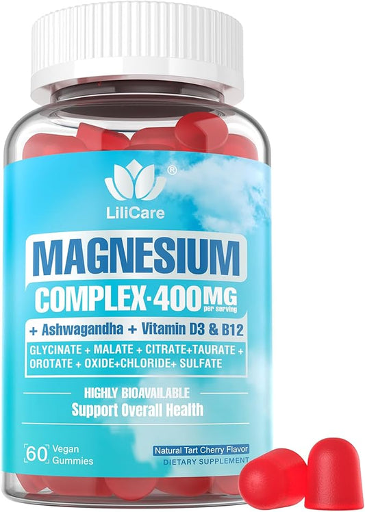 Sugar Free Magnesium Complex for Women, Calm Magnesium Gummies for Adults 400mg, Magnesium Glycinate, Citrate, Malate & More- Magnesium Gummy with Magnesium Ashwagandha, D3, B12 for Relax, Calm, Vegan