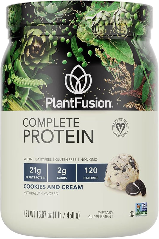 PlantFusion Complete Vegan Protein Powder - Plant Based Protein Powder With BCAAs, Digestive Enzymes and Pea Protein - Keto, Gluten Free, Soy Free, Non-Dairy, No Sugar, Non-GMO - Cookies & Cream 1 lb