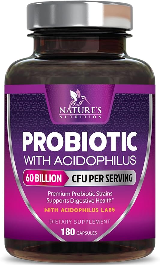 Probiotics 60 Billion CFU per Serving - 10 Strains + Prebiotics - Immune, Digestive & Gut Health Support, Supports Occasional Constipation, Gas & Bloating for Women & Men, Shelf Stable - 180 Capsules