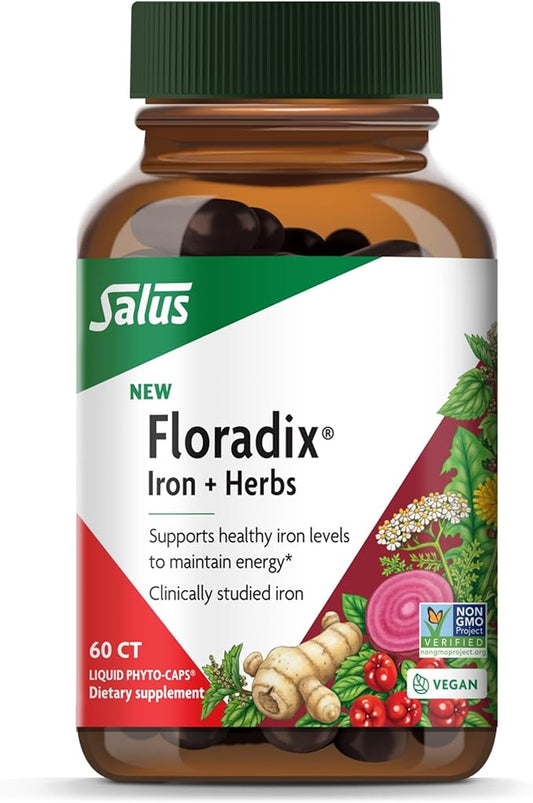 Floradix Iron + Herbs - Iron Supplement for Healthy Energy Support - Vegan, Non-GMO, Gluten-Free, Soy-Free - 60 Liquid Phyto-Caps