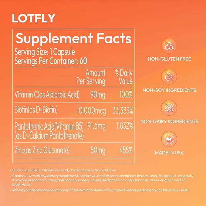 Biotin 10000 mcg with Zinc Vitamin C & Calcium Pantothenate – Supports Healthy Hair Growth, Strong Nails & Glowing Skin for Women & Men | Made in The USA | 60 Vegan Capsules (2 Months Supply)