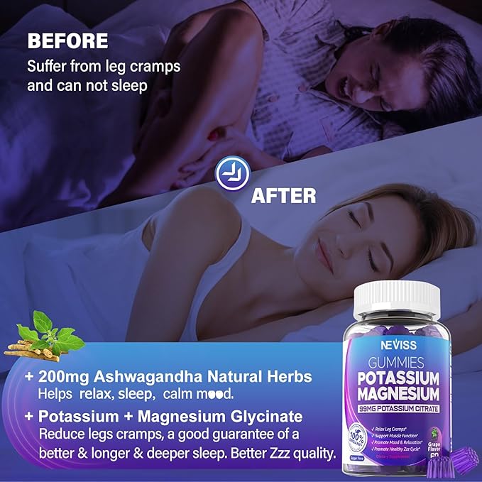 Potassium Magnesium Gummies - Potassium Supplement w/Ashwagandha 200mg, High Absorption Magnesium Glycinate,B6,B12,Potassium Citrate for Leg Cramps,Muscle,Electroyte for Adults Kids,Sugar-Free, 1Pack