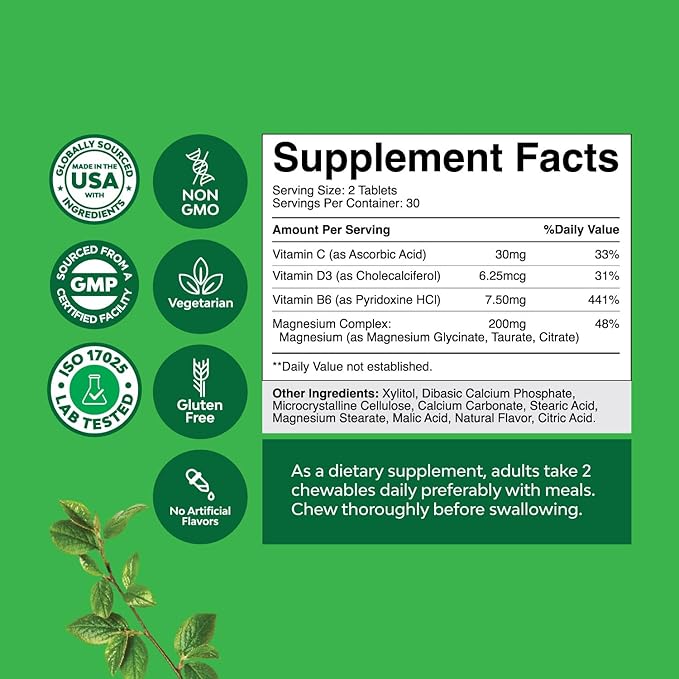 Sugar Free Magnesium Glycinate Chewable - Chewable Magnesium for Adults & Kids with Glycinate Taurate & Citrate Complex Plus Vitamins D3 B6 & C - Vegetarian Non-GMO & No Artificial Flavors (30 Day)