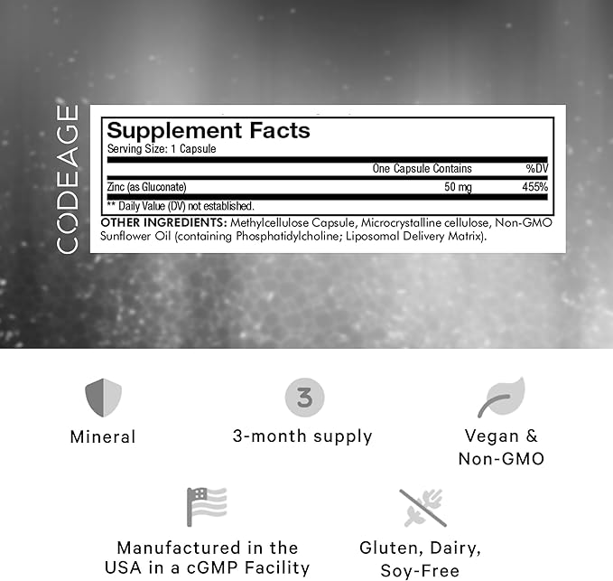 Codeage Liposomal Zinc Supplement – 3 Month Supply – One Per Day - 50 mg Zinc Gluconate Vitamin Pills - Essential Mineral Supplements Zinc Plus Liposomal Delivery Matrix - Vegan Non-GMO - 100 Capsules