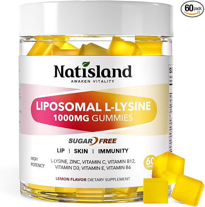 Liposomal L-Lysine 1000mg Gummies, Lysine Supplements for Women & Men, Chewable Vitamin Lysine Gummies for Lips & Oral Health, Immune Support, Kids Friendly, Sugar-Free Lemon Flavor, 60 CT