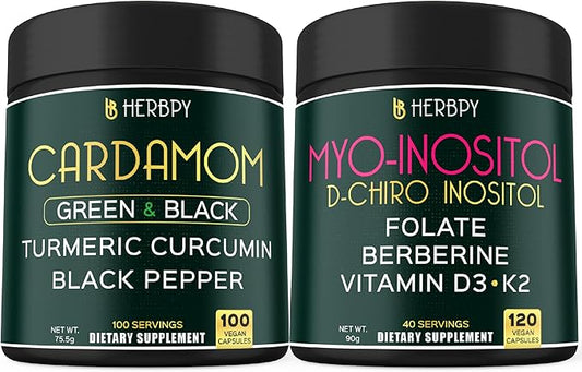 Bundle 4in1 Cardamom Capsules 100 Count & 6in1 Myo-inositol & D-Chiro Inositol Supplement for Women 120 Count - Support Digestion, Heart & Overall Health