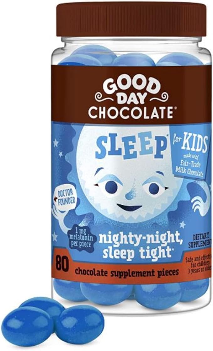 Good Day Chocolate Melatonin for Kids [80 Count] - Fair Trade Non-GMO Chocolate with Chamomile and Melatonin 1 mg - Toddler Melatonin, Kids Natural Sleep Aid for Ages 3 and Up