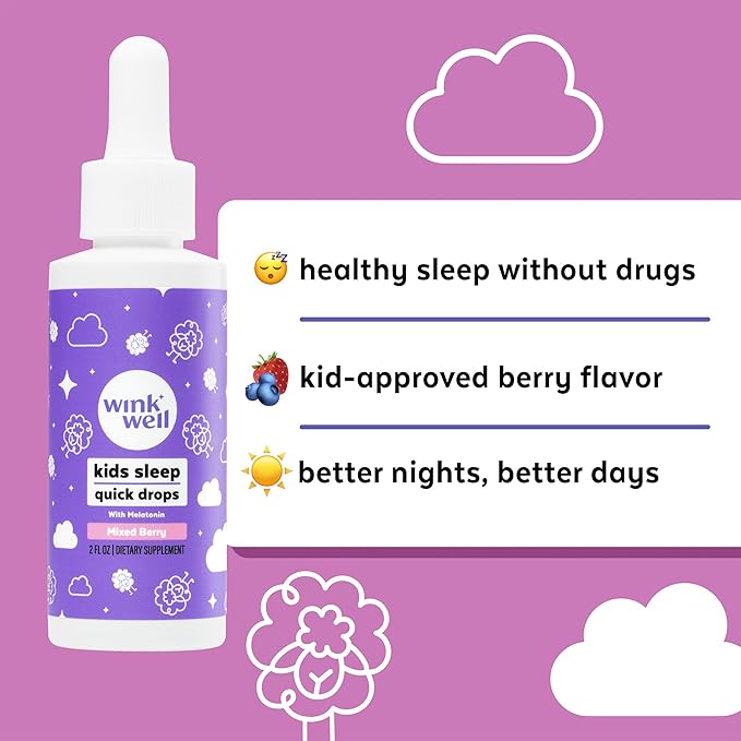 Wink Well Kids Liquid Melatonin Drops- Natural Baby Sleep Drops for Infants- Toddler Sleep Aid with 1mg Per Serving-Non-Addictive Children's Liquid Melatonin- 2 Oz