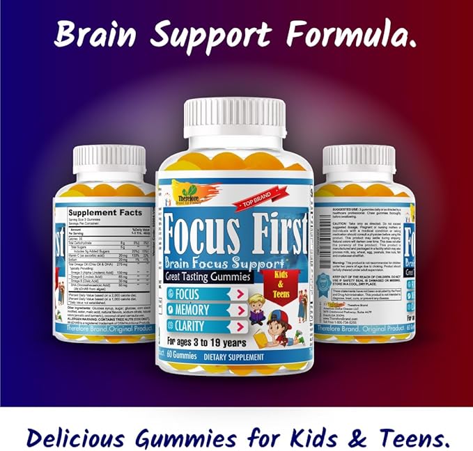 Focus First Kids Focus Support Gummies, Kids Brain Booster Focus Vitamins for Kids, Memory Booster Gummies for Brain with DHA/EPA Omega 3 6 9-60ct