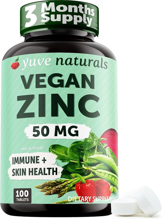 Yuve Natural Vegan Zinc Supplements 50mg, Immune Support, Fast Relief from Colds and Flu, Acne Free Skin, Healthy Hormone Levels, Non-GMO, Gluten & Sugar Free - 100 Vegetarian Tablets